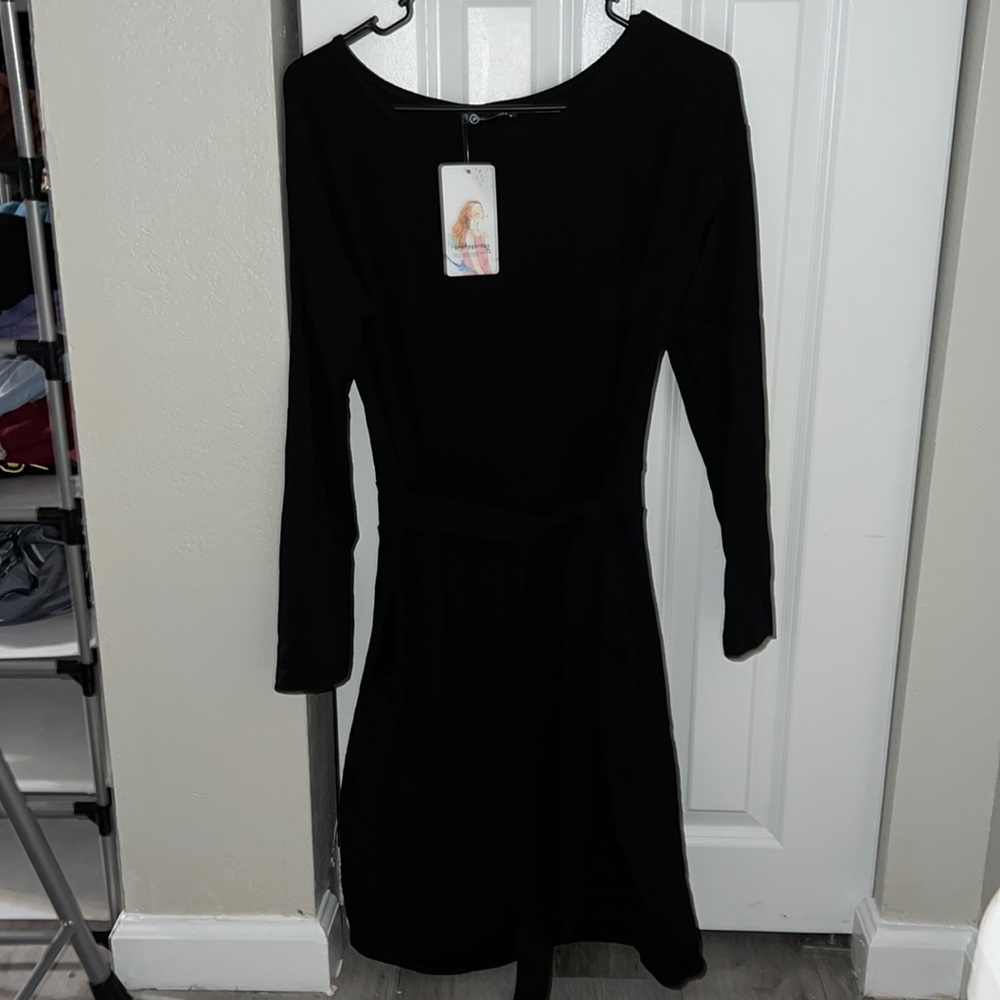 Pretty Garden Stretchy Black MIDI Dress Tie Waist M/L